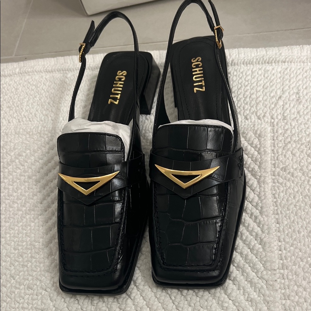 NWT SCHUTZ Black Slingback Loafers with Gold Detail